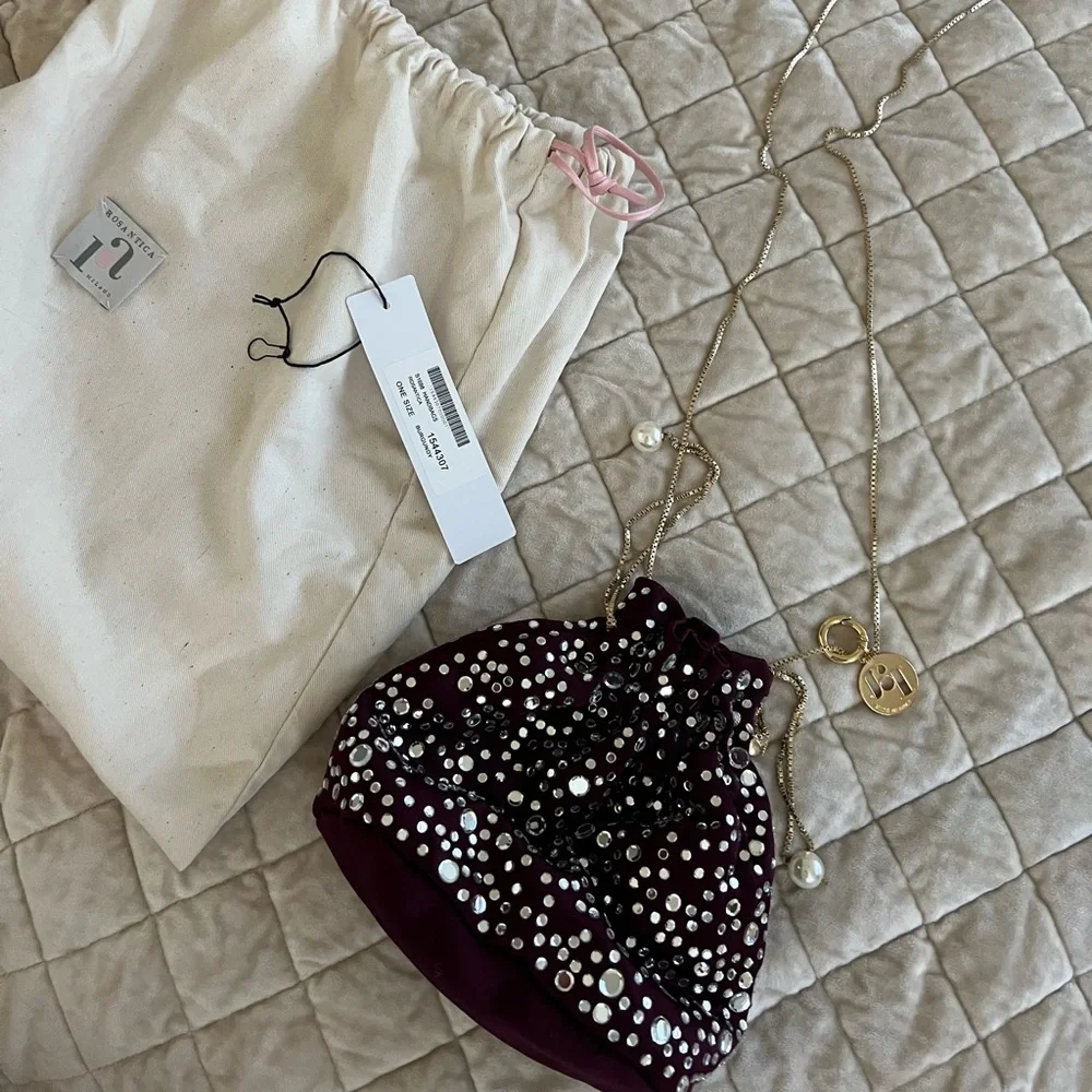 Burgundy Satin Drawstring Evening Pouch with Mirror Studs
